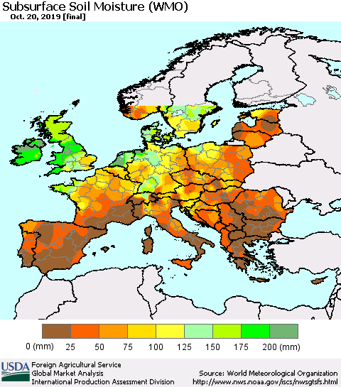 Europe Subsurface Soil Moisture (WMO) Thematic Map For 10/14/2019 - 10/20/2019