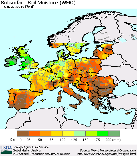 Europe Subsurface Soil Moisture (WMO) Thematic Map For 10/21/2019 - 10/27/2019