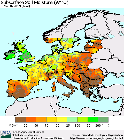 Europe Subsurface Soil Moisture (WMO) Thematic Map For 10/28/2019 - 11/3/2019