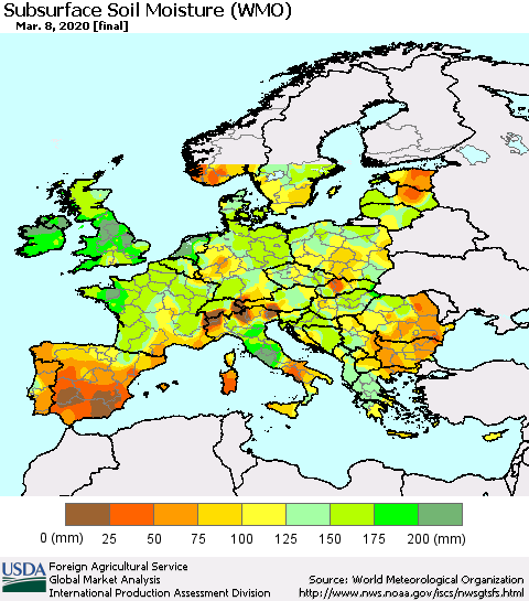 Europe Subsurface Soil Moisture (WMO) Thematic Map For 3/2/2020 - 3/8/2020