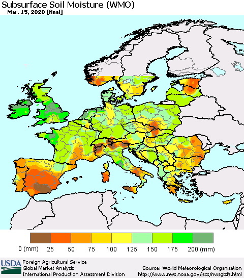 Europe Subsurface Soil Moisture (WMO) Thematic Map For 3/9/2020 - 3/15/2020