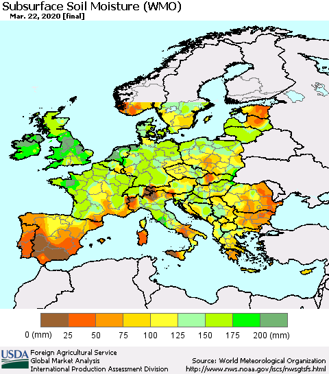 Europe Subsurface Soil Moisture (WMO) Thematic Map For 3/16/2020 - 3/22/2020