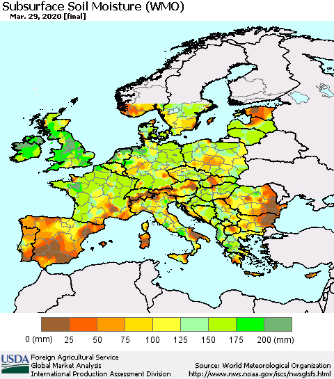 Europe Subsurface Soil Moisture (WMO) Thematic Map For 3/23/2020 - 3/29/2020