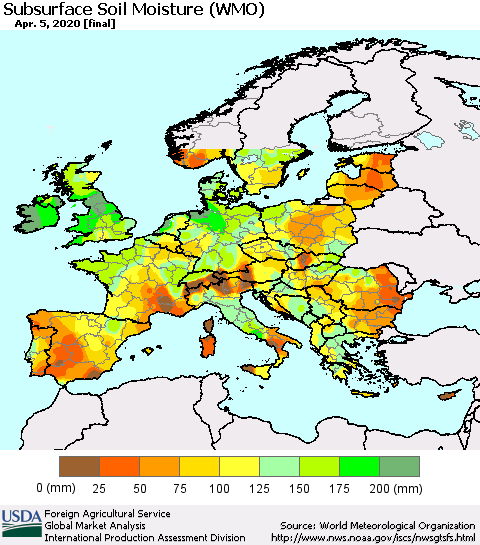 Europe Subsurface Soil Moisture (WMO) Thematic Map For 3/30/2020 - 4/5/2020