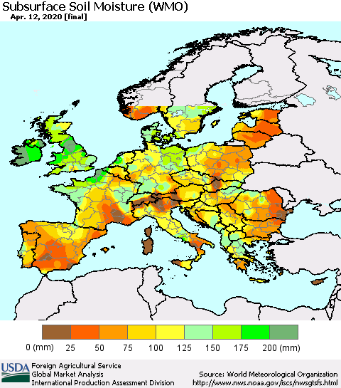 Europe Subsurface Soil Moisture (WMO) Thematic Map For 4/6/2020 - 4/12/2020