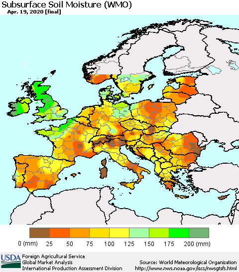 Europe Subsurface Soil Moisture (WMO) Thematic Map For 4/13/2020 - 4/19/2020