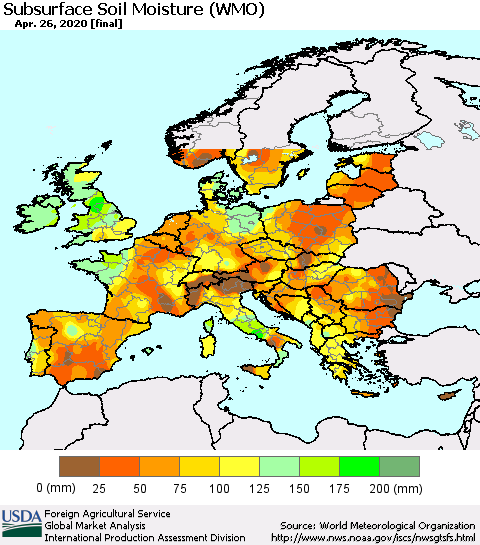 Europe Subsurface Soil Moisture (WMO) Thematic Map For 4/20/2020 - 4/26/2020
