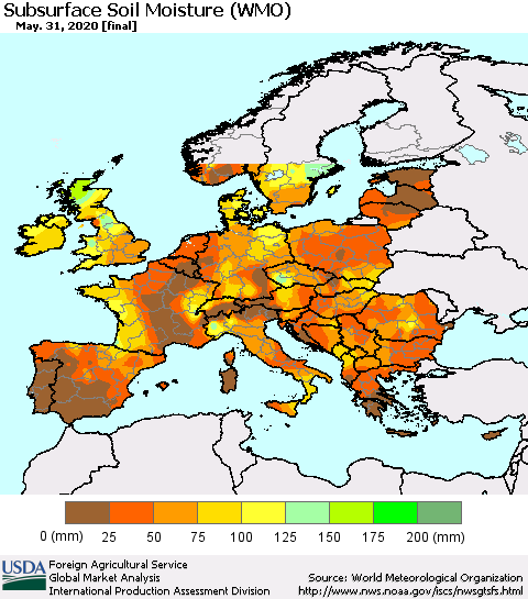 Europe Subsurface Soil Moisture (WMO) Thematic Map For 5/25/2020 - 5/31/2020