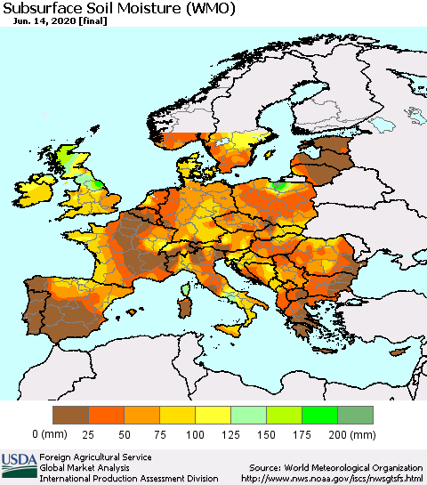 Europe Subsurface Soil Moisture (WMO) Thematic Map For 6/8/2020 - 6/14/2020