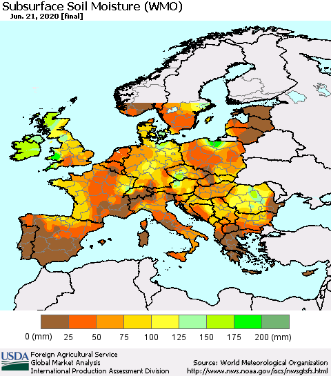 Europe Subsurface Soil Moisture (WMO) Thematic Map For 6/15/2020 - 6/21/2020