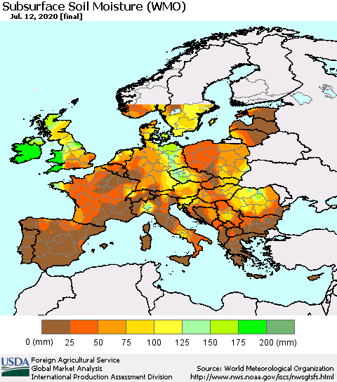 Europe Subsurface Soil Moisture (WMO) Thematic Map For 7/6/2020 - 7/12/2020