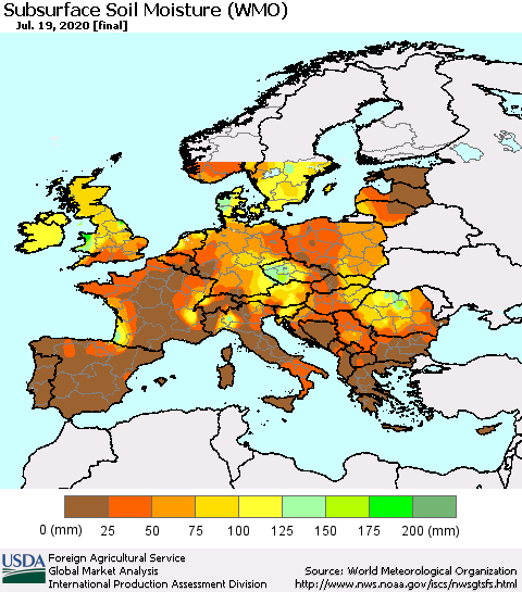 Europe Subsurface Soil Moisture (WMO) Thematic Map For 7/13/2020 - 7/19/2020