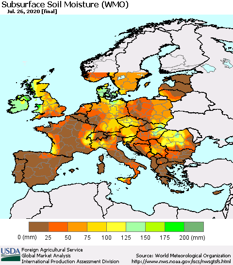 Europe Subsurface Soil Moisture (WMO) Thematic Map For 7/20/2020 - 7/26/2020