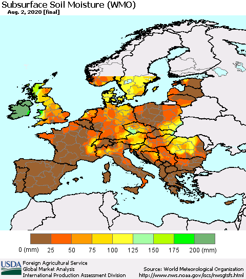 Europe Subsurface Soil Moisture (WMO) Thematic Map For 7/27/2020 - 8/2/2020