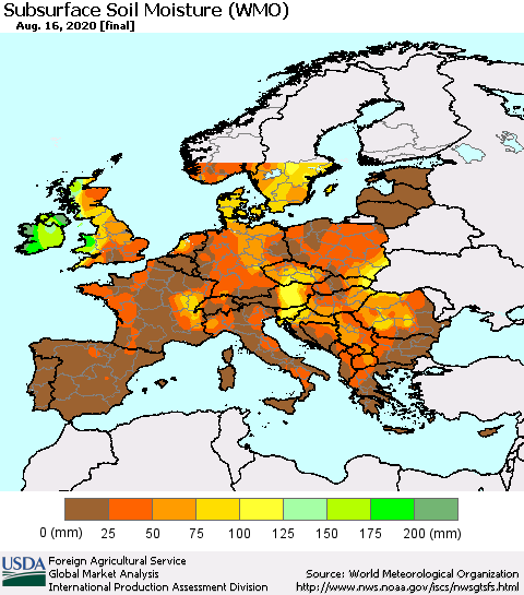Europe Subsurface Soil Moisture (WMO) Thematic Map For 8/10/2020 - 8/16/2020