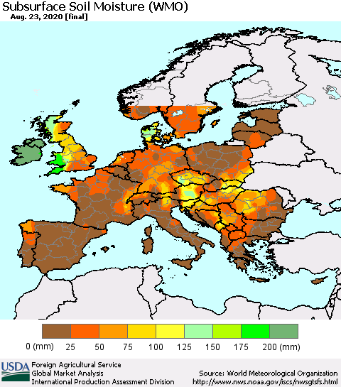 Europe Subsurface Soil Moisture (WMO) Thematic Map For 8/17/2020 - 8/23/2020