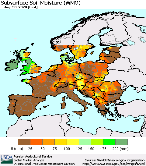 Europe Subsurface Soil Moisture (WMO) Thematic Map For 8/24/2020 - 8/30/2020