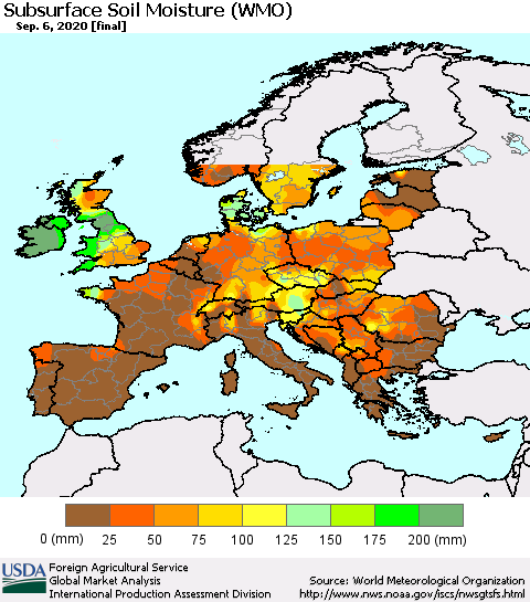 Europe Subsurface Soil Moisture (WMO) Thematic Map For 8/31/2020 - 9/6/2020