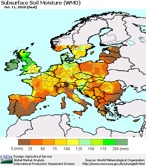 Europe Subsurface Soil Moisture (WMO) Thematic Map For 10/5/2020 - 10/11/2020