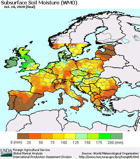 Europe Subsurface Soil Moisture (WMO) Thematic Map For 10/12/2020 - 10/18/2020