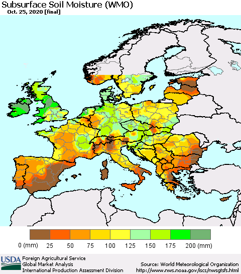 Europe Subsurface Soil Moisture (WMO) Thematic Map For 10/19/2020 - 10/25/2020