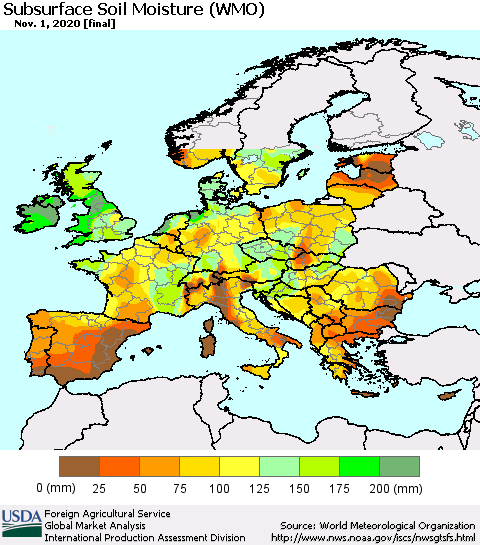 Europe Subsurface Soil Moisture (WMO) Thematic Map For 10/26/2020 - 11/1/2020