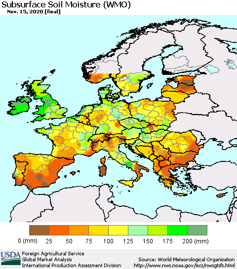 Europe Subsurface Soil Moisture (WMO) Thematic Map For 11/9/2020 - 11/15/2020