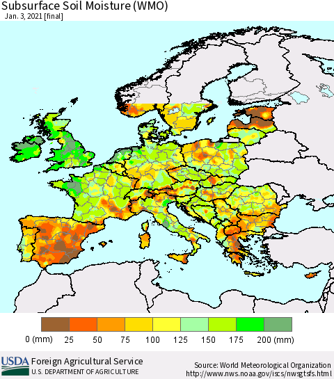 Europe Subsurface Soil Moisture (WMO) Thematic Map For 12/28/2020 - 1/3/2021