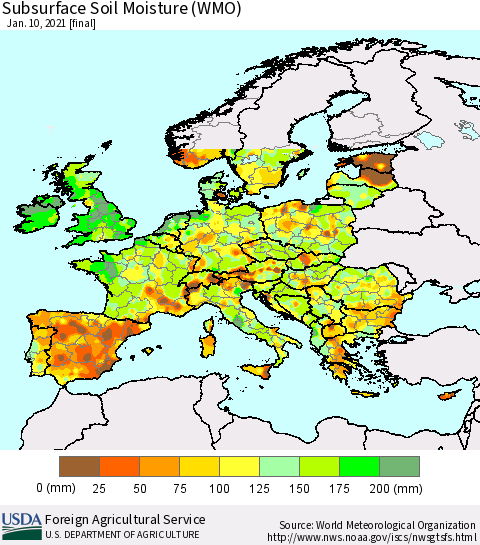 Europe Subsurface Soil Moisture (WMO) Thematic Map For 1/4/2021 - 1/10/2021