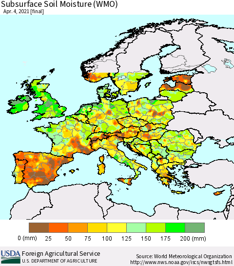 Europe Subsurface Soil Moisture (WMO) Thematic Map For 3/29/2021 - 4/4/2021