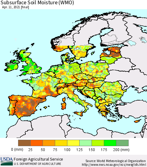 Europe Subsurface Soil Moisture (WMO) Thematic Map For 4/5/2021 - 4/11/2021