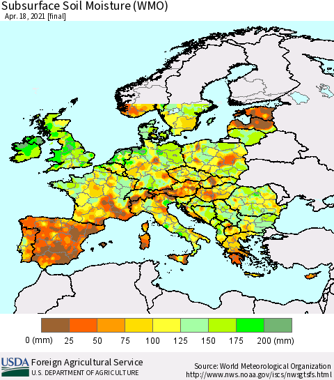 Europe Subsurface Soil Moisture (WMO) Thematic Map For 4/12/2021 - 4/18/2021