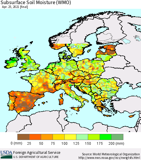 Europe Subsurface Soil Moisture (WMO) Thematic Map For 4/19/2021 - 4/25/2021