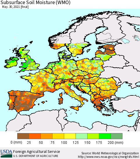 Europe Subsurface Soil Moisture (WMO) Thematic Map For 5/24/2021 - 5/30/2021