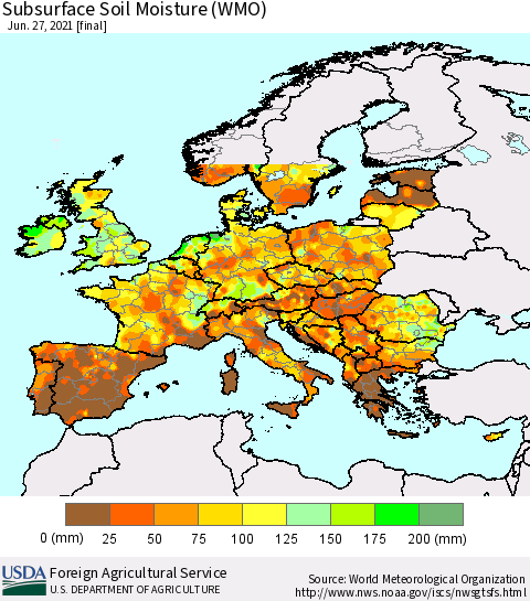 Europe Subsurface Soil Moisture (WMO) Thematic Map For 6/21/2021 - 6/27/2021