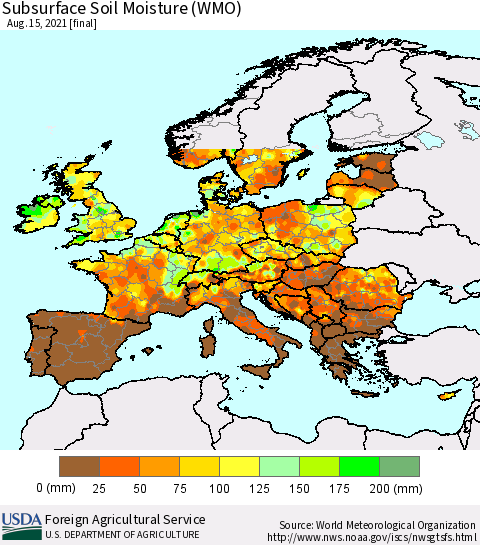 Europe Subsurface Soil Moisture (WMO) Thematic Map For 8/9/2021 - 8/15/2021