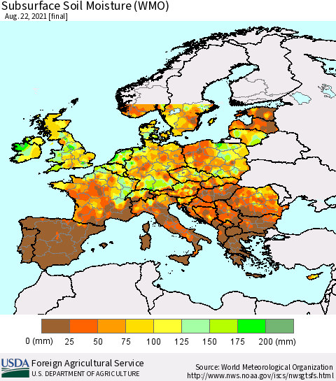 Europe Subsurface Soil Moisture (WMO) Thematic Map For 8/16/2021 - 8/22/2021