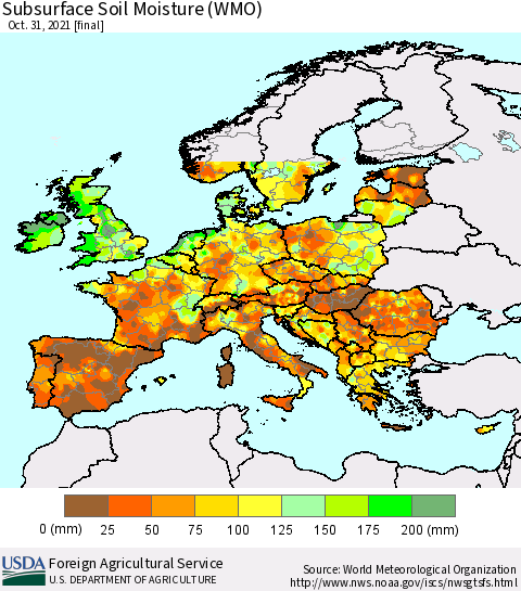 Europe Subsurface Soil Moisture (WMO) Thematic Map For 10/25/2021 - 10/31/2021