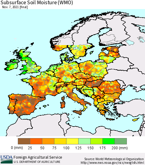 Europe Subsurface Soil Moisture (WMO) Thematic Map For 11/1/2021 - 11/7/2021