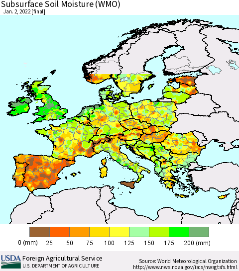 Europe Subsurface Soil Moisture (WMO) Thematic Map For 12/27/2021 - 1/2/2022