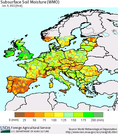 Europe Subsurface Soil Moisture (WMO) Thematic Map For 1/3/2022 - 1/9/2022