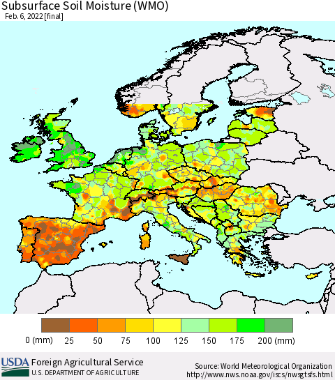 Europe Subsurface Soil Moisture (WMO) Thematic Map For 1/31/2022 - 2/6/2022