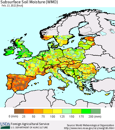 Europe Subsurface Soil Moisture (WMO) Thematic Map For 2/7/2022 - 2/13/2022