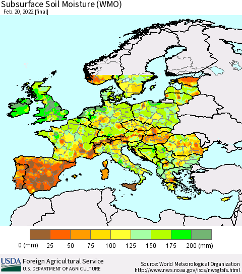 Europe Subsurface Soil Moisture (WMO) Thematic Map For 2/14/2022 - 2/20/2022