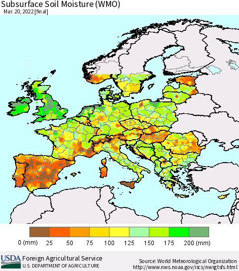 Europe Subsurface Soil Moisture (WMO) Thematic Map For 3/14/2022 - 3/20/2022