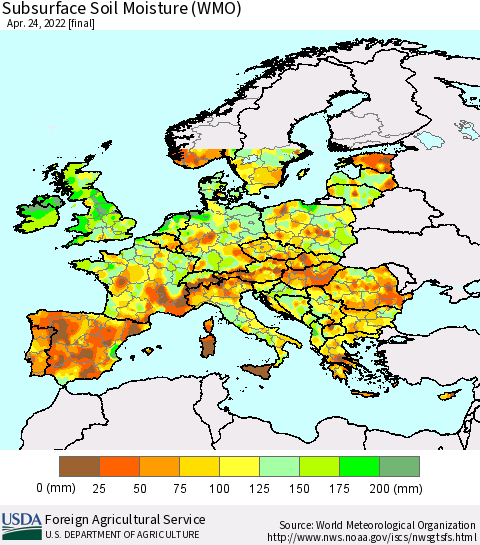 Europe Subsurface Soil Moisture (WMO) Thematic Map For 4/18/2022 - 4/24/2022