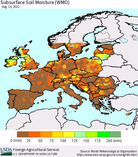 Europe Subsurface Soil Moisture (WMO) Thematic Map For 8/8/2022 - 8/14/2022