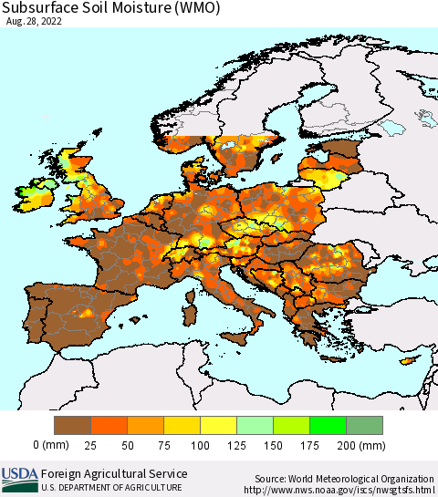 Europe Subsurface Soil Moisture (WMO) Thematic Map For 8/22/2022 - 8/28/2022