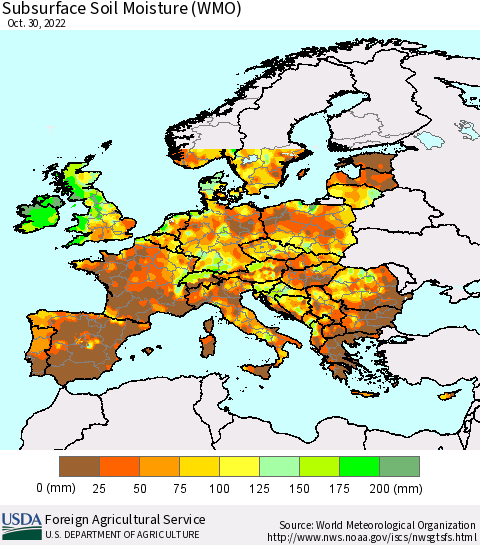 Europe Subsurface Soil Moisture (WMO) Thematic Map For 10/24/2022 - 10/30/2022