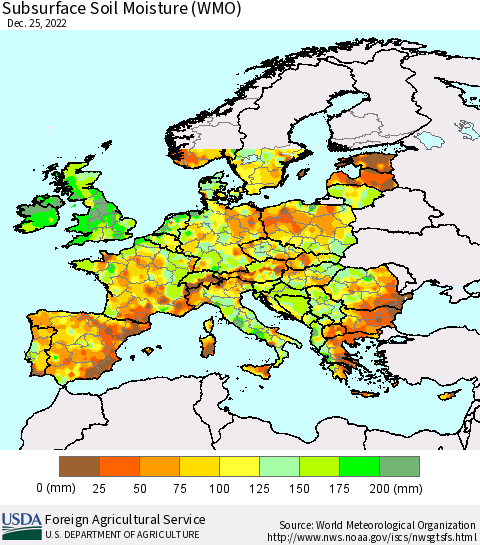 Europe Subsurface Soil Moisture (WMO) Thematic Map For 12/19/2022 - 12/25/2022